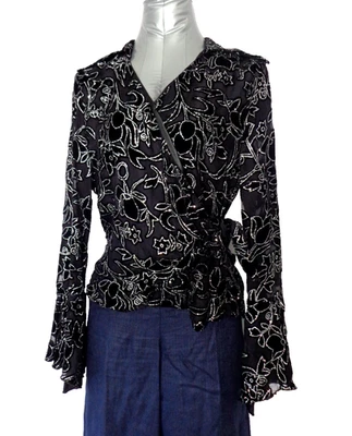 Dressbarn Women's Silk Blingy Shirt Black, Silver, Lace and  Velvet Top Size L - Image 1 of 4