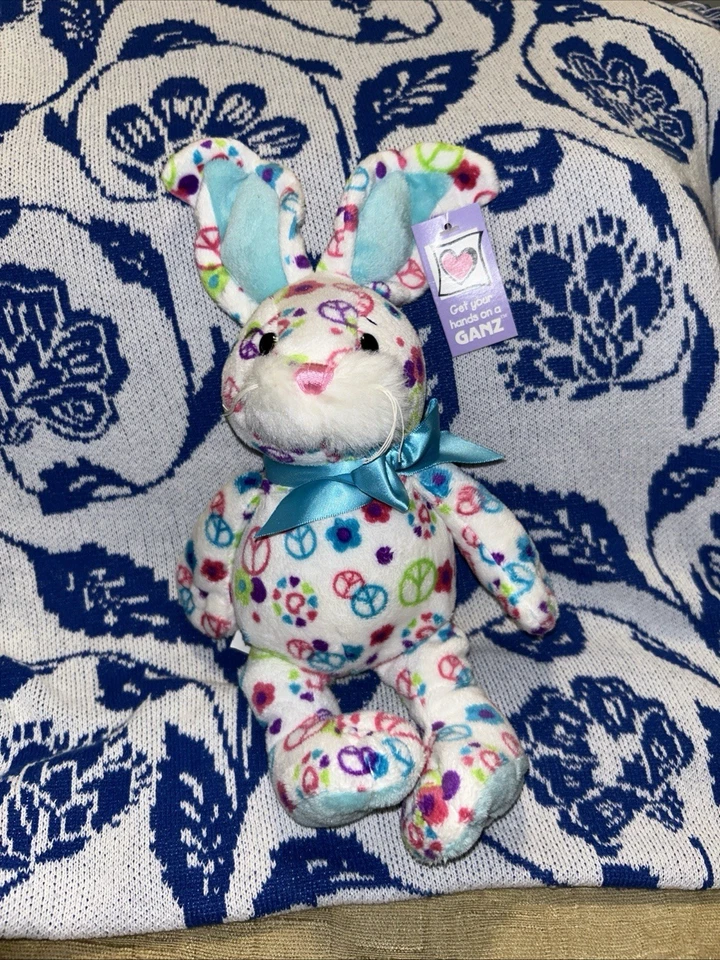 Ganz Lavender Floral Peace Sign Bunny Plush Hearts Colorful Red Green Blue 10" H