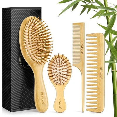 Juego de cepillos de pelo de bambú, 4 piezas peines de madera natural paleta desenredante cepillo para el cabello, con Foto 1 de 4