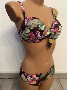 Heine Bikini Set Softcups Träger braun rosa geblümt 36 D Cup Slip S NEU - Bild 1 von 12