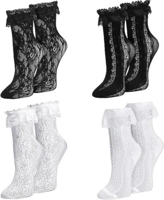 4 pares de calcetines de encaje con volantes y volantes para mujer calcetines tobilleros de encaje con lazo con volantes... Foto 1 de 4
