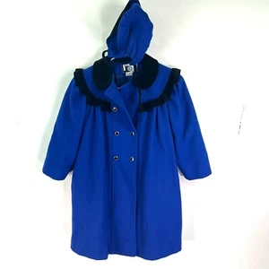 VTG Young Gallery Coat Hat Wool Winter Girls 6X Royal Blue Black Velvet /Gloves - Picture 1 of 14
