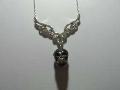 PEACOCK BLACK FRESHWATER CARVED SKULL PEARL NECKLACE STERLING SILVER - Image 1 of 4