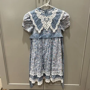 Vintage Jessica McClintock Gunne Sax GIRLS 6x Floral Blue Prarie Dress Lace - Picture 1 of 18