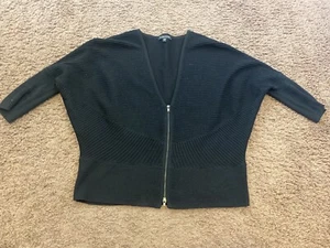 Eileen Fisher Black 100% Wool Dolman Cardigan Zip Front Ribbed Size Petite PS - Picture 1 of 5