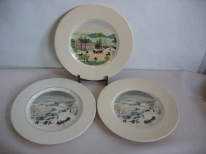 S/3 GRANDMA MOSES  10" Collector dinner plates Thanksgiving Red checkered house - Picture 1 of 9