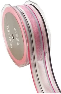 MAY ARTS RIBBONS~SHEER STRIPE~PINK GRAY & BLK~1.5 INCHES WIDE~SOLD BY THE YARD! - Picture 1 of 1