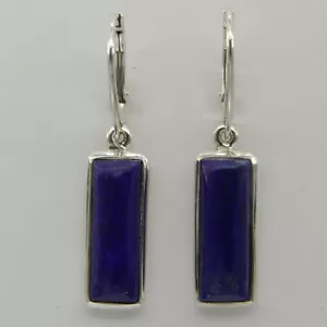 925 Sterling Silver Blue Rectangle Lapis Lazuli Leverback Drop / Dangle Earrings - Picture 1 of 3