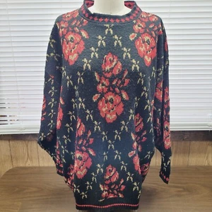 Vtg Bentley Womans 22W/42 Black Red Metallic Gold Floral Acrylic Lurex Sweater - Picture 1 of 13