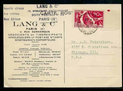 FRANCIA Sc#319 Michel #332 en 1936 distribuidor de sellos postal larga París a Chicago Foto 1 de 2