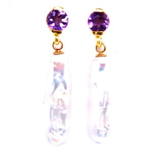 925 Sterling Silver White Baroque Pearl & Purple Amethyst Earrings - Picture 1 of 4