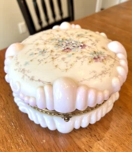 Antique Wave Crest  Hinged White Dresser Box Hand Painted Blue Purple Floral 7” - Picture 1 of 12