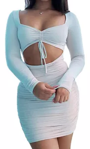 FV RELAY Women's XL Blue Casual Long Sleeve Dress Sexy Deep V Neck Bodycon Mini - Picture 1 of 7