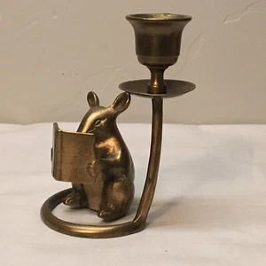 VTG Brass Candlestick Mouse Reading Book 5" TALL 3" WIDE - Picture 1 of 3