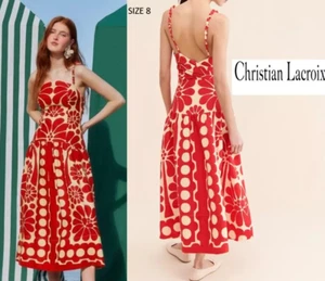 Christian Lacroix Red Ivory Linen Blend Palermo Floral Drop Waist Midi Dress - Picture 1 of 18