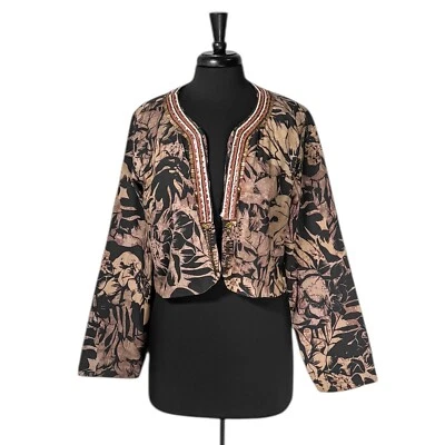 Soft Surroundings Women's Jacket Beige Black Floral Boho Beaded Sequin Cropped L - Image 1 of 4