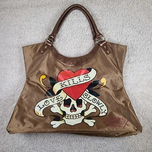 Ed Hardy 'Love Kills Slowly' Bronze Vintage Style Printed Tote Bag - Picture 1 of 19