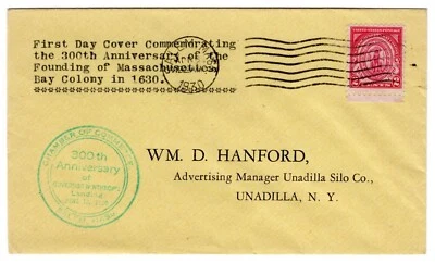 #682 Massachusetts Bay Colony 1930 FDC - Typed Cachet Hanford - Image 1 of 2