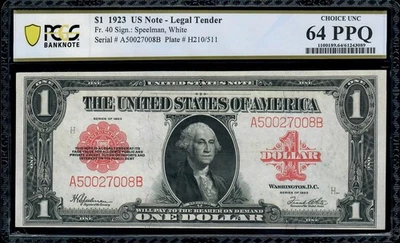 1923 $1 Legal Tender Red Seal FR.40 Horse Blanket PCGS 64 EPQ - Image 1 of 3