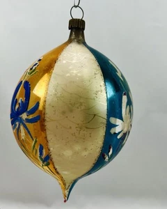 Vintage Fantasia Floral Big Striped Teardrop Glass Christmas Ornament - Picture 1 of 4