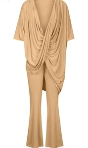 Size Medium 2 PCS Womens Casual Loose Outfit Tops & Wide Leg Pants Khaki *NEW* - Picture 1 of 8