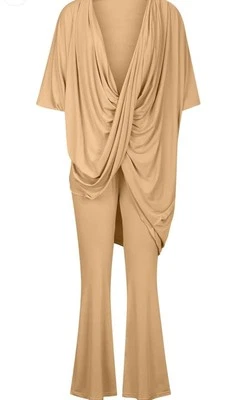 Size XL  2 PCS Womens Casual Loose Outfit Tops & Wide Leg Pants Khaki *NEW* - Image 1 of 4