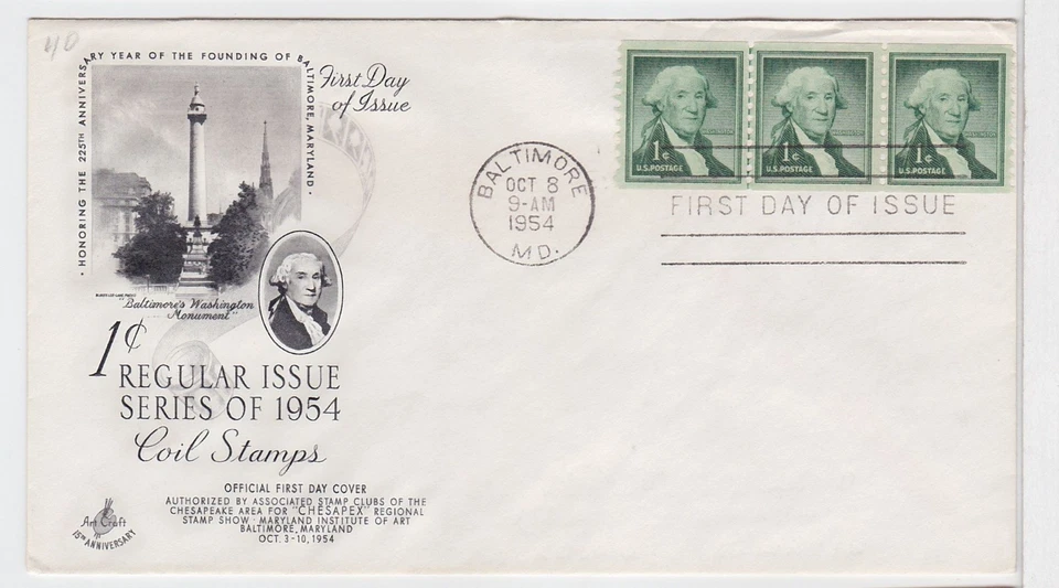 TurtlesTradingPost - George Washington 1 Cent #1054c 1954 FDC Artcraft Line Pair - Image 1 of 1