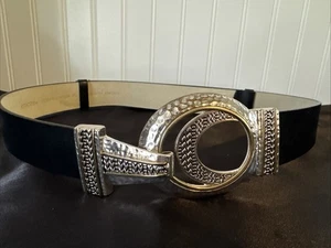 Cinturón deslizable de cuero negro CHICO'S talla M/L grande tono plateado anillo de palanca hebilla Y2K - Imagen 1 de 5