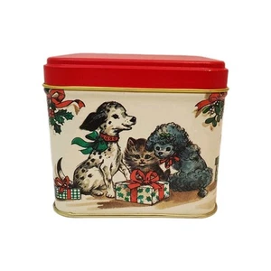 VTG Potpourri Press Tin Country Store Holiday Puppy Kittens Gifts Square Red USA - Picture 1 of 12