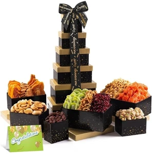 Congratulations Gift Tower—Gourmet Nuts & Dried Fruits, 6-Tier Black Ribbon Box - Picture 1 of 7