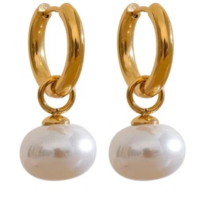 Drop Hoop Earrings Dangle Pearl Hoops Huggie Silver Gold Plated Women Jewelry - Picture 1 of 17