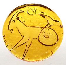 Blenko Zodiac Capricorn Amber Paperweight Bubble Glass 4" dia. x 3/4" Thick