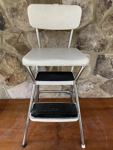 Vtg Beige COSCO Kitchen Metal Step Stool Chair Flipup Seat RetroMid Century USA Cover