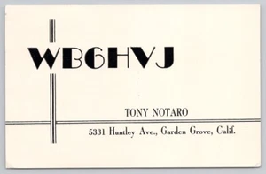 Amateur Ham Radio QSL QSO Card 1965 WB6HVJ Garden Grove CA Tony Notaro - Picture 1 of 3