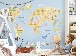 Map Wall Decal with World Representative Animals Removable Fabric Wall Sticker - Bild 1 von 6