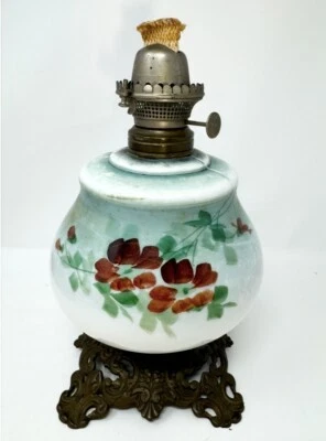 Antique 1800s Victorian Glass Oil Lamp Hand Painted Roses Metal Base 10" - Image 1 of 4