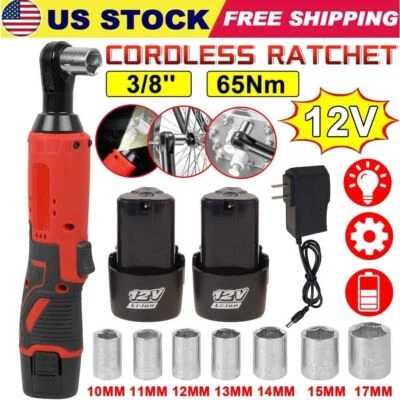 12V Electric Cordless Ratchet 3/8"Right Angle Wrench Impact Power Tool 2 Battery