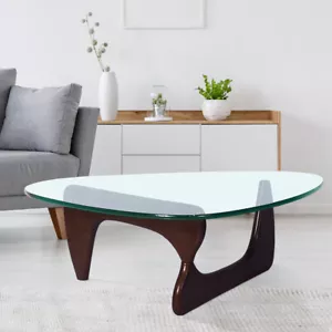 Noguchi-Style Coffee Table in Dark Walnut Wood Base Triangle Clear Glass 0.47" - Picture 1 of 9