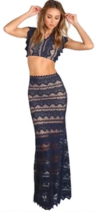 NEW NIGHTCAP FREE PEOPLE BLACK SIERRA LACE LONG MAXI SKIRT CROPPED TOP SET SZ M - Picture 1 of 21