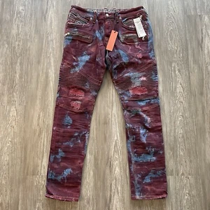 Rock Revival Moto Elroy Distressed Jeans Red Blue Men’s Size 34 - Picture 1 of 5