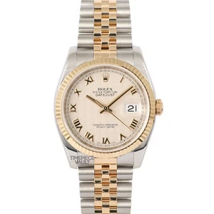 Rolex Datejust 116233 18k Gold/ Steel 36mm-Ivory Pyramid Roman Dial-Fluted Bezel - Picture 1 of 15