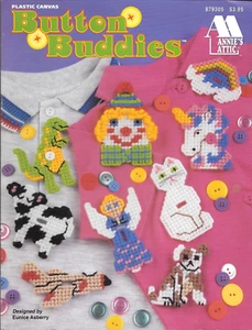 Button Buddies Plastic Canvas Pattern Dino Unicorn Cow Cat Angel - Picture 1 of 2