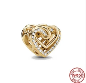 💖 Charm Anhänger 2 VERSCHLUNGENE GOLDENE HERZEN Zirkonia für Pandora Armband - Bild 1 von 2