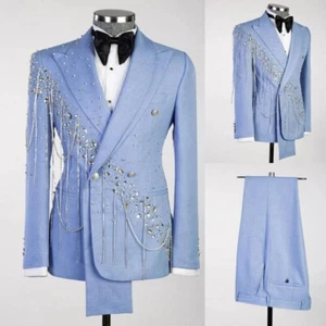 Real Photos Luxury Crystal Chain Men's Suits Slim Fit Wedding Groom Banquet Suit - Picture 1 of 28