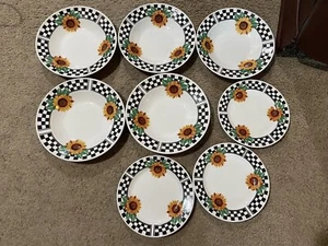 Tabletops Unlimited SUNNY Sunflowers Checkered Border Salad Plates 9” Soup Bowls - Picture 1 of 14