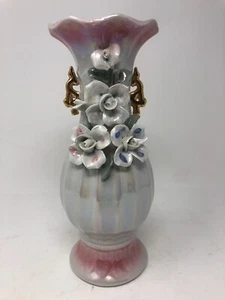 Vintage Capodimonte Style Lusterware 10" Flower Vase Iridescent Floral Accents - Picture 1 of 16