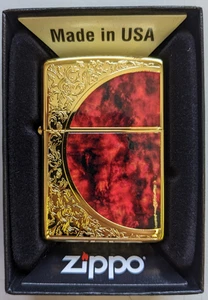 Zippo Marble Arabesque Red Gold Etching Regular Case - Picture 1 of 4