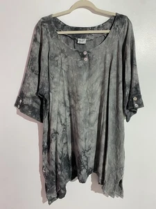 Oh My Gauze Top 2 Gray Tie Dye Boxy Lagenlook Asymmetrical Hem Artsy Boho - Picture 1 of 12