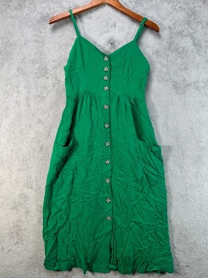 Nordstrom Good Luck Gem Womens Medium Kelly Green Dress Midi Button Front Strapy - Image 1 of 4