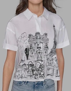 Camisa corta Karl Lagerfeld para mujer escena urbana popelina manga corta blanca talla M nueva con etiquetas - Imagen 1 de 12